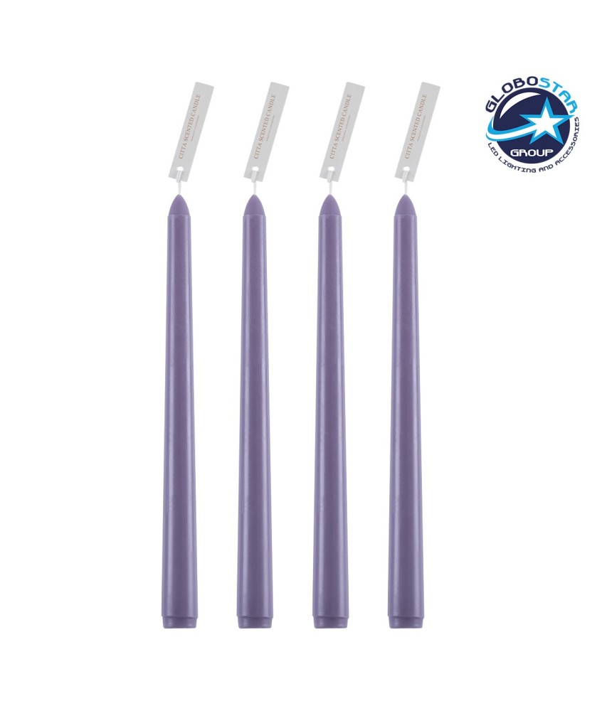 GloboStar® LAVENDER-FIELD 35203 ΣΕΤ 4 Αρωματικά Κεριά Κηροπηγίου Παραφίνης με Άρωμα Λεμόνι - Λεβάντα Μωβ Μ2 x Π2 x Υ25cm
